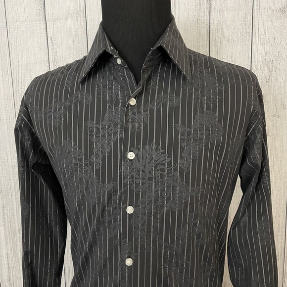 Roar Other - Roar Men's Large Black Striped Floral Long Sleeve Button-Front Shirt